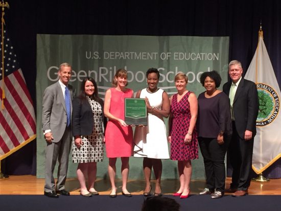 Pictured left to right at 2018 Green Ribbon Award Ceremony in Washington D.C.: Mr. Frank Brogan, (Assistant U.S. Secretary for Elementary and Secondary Education,US Department of Education) Ms. Kelly Close (Director, EHS, GS), Dr. Lissa Leege (Director, CfS, GS), Ms. Tiffoni Buckle-McCartney (Environmental and Sustainability Manager, GS), Ms. Katie Twining (AVP Division of Facilities, GS), Mr. Adam Honeysett (Managing Director of State and Local Engagement, US Department of Education)